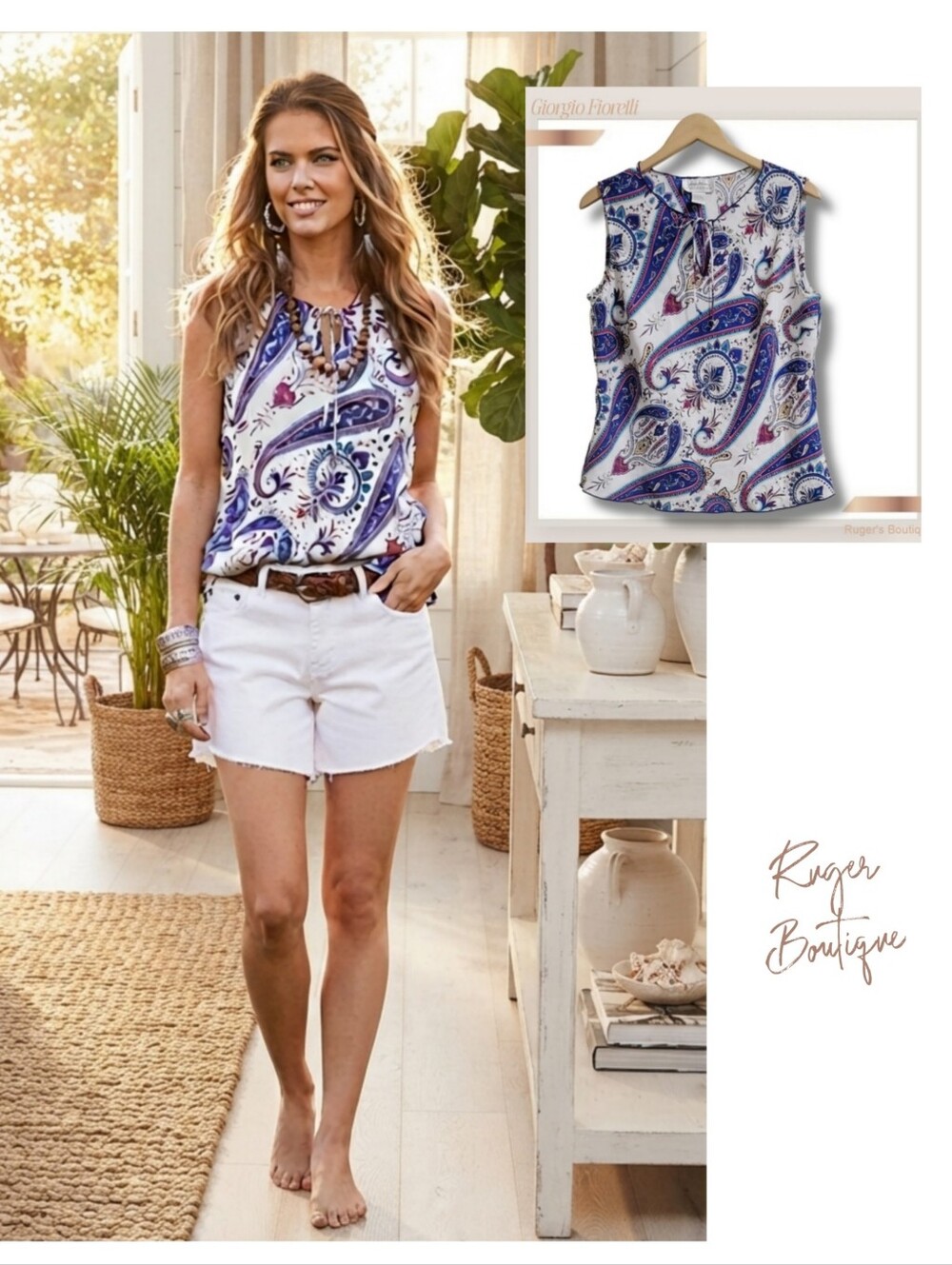 🌿Giorgio Fiorelli Women's Large Paisley Sleeveless Top - Blue and White